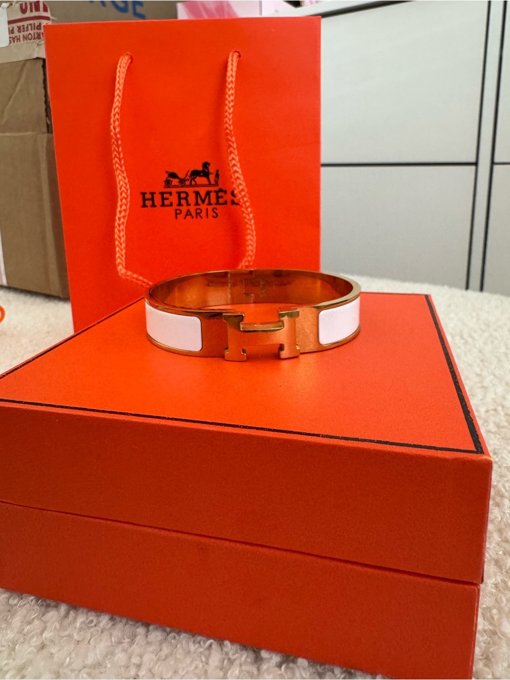 Hermes Gold and White Enamel Clic H Bracelet - Picture 2 of 3